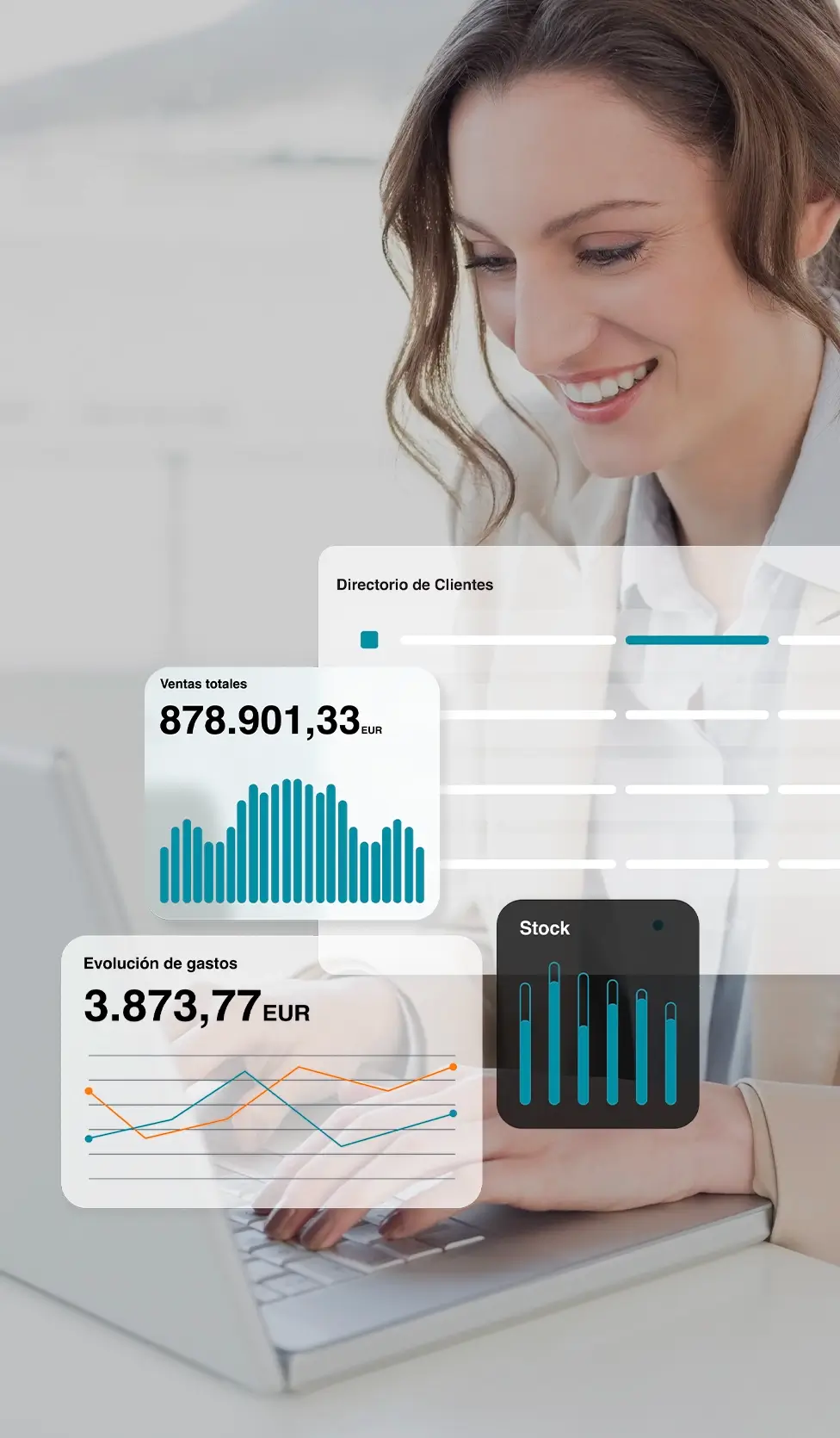 de fondo se ve una mujer sonriendo y trabajando desde su portatil y en primer plano se ven gráficas con números de el color corporativo de elgestionador.com
