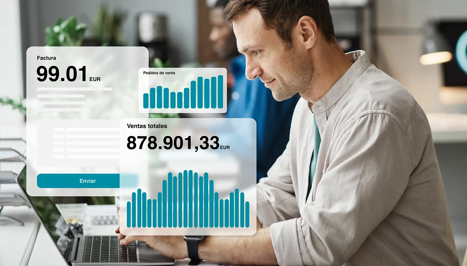 De fondo un hombre sonriendo mientras trabaja con elgestionador.com desde su portátil. En primer plano gráficas con colores corporativos..