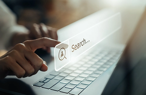 mano anónima  pulsando buscador online en 3d sostenido en el aire